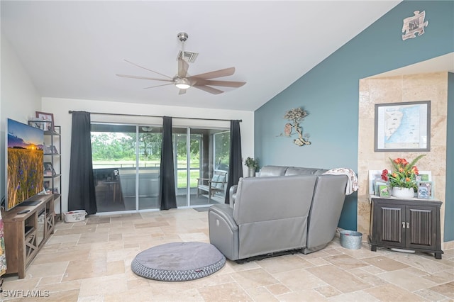 living room featuring vaulted ceiling and ceiling fan