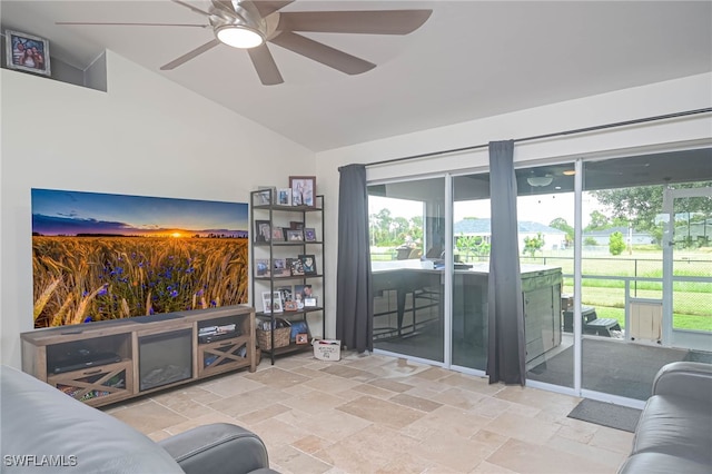 living room with vaulted ceiling and ceiling fan