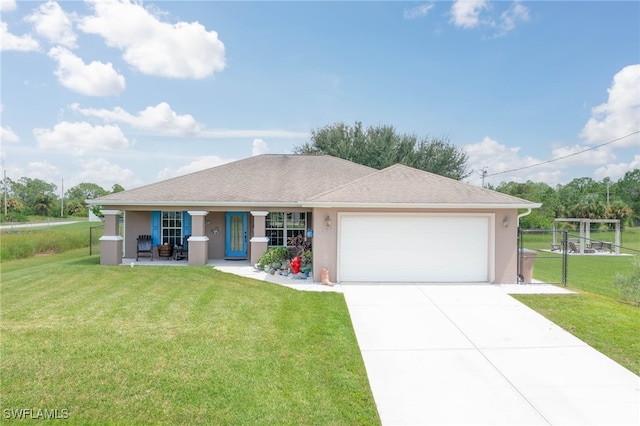 single story home with a garage and a front lawn