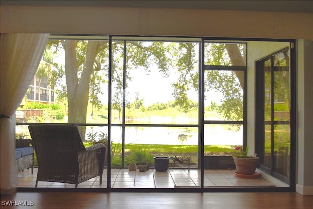 entryway with hardwood / wood-style flooring and a water view