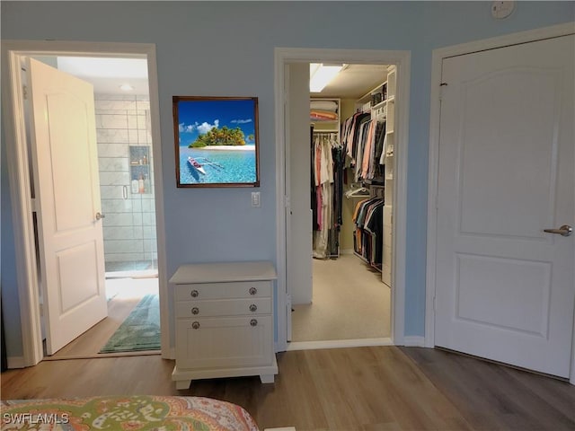 bedroom featuring light wood-type flooring, a walk in closet, a closet, and ensuite bathroom