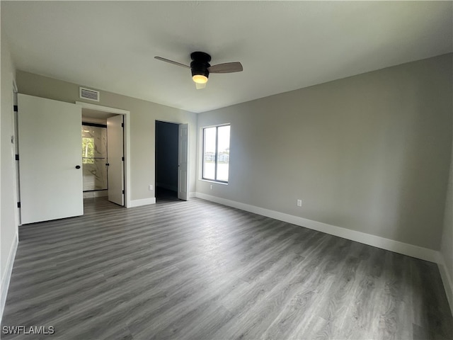 unfurnished bedroom with ceiling fan and hardwood / wood-style flooring