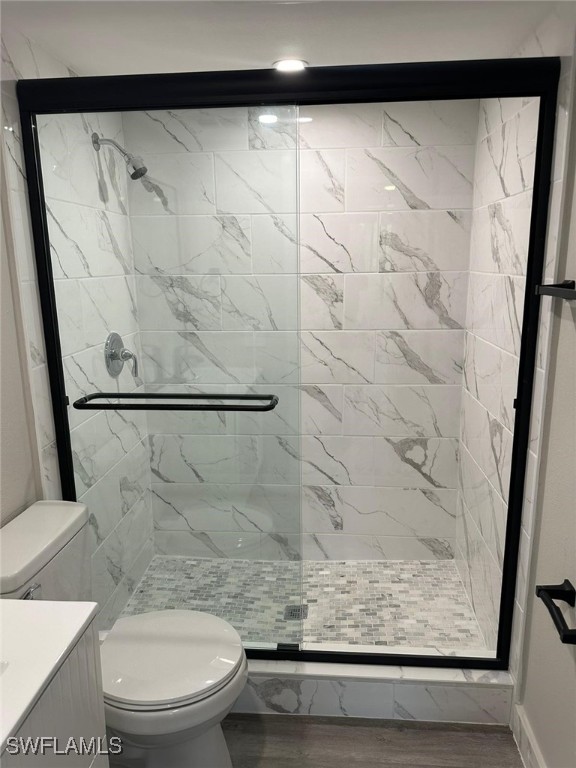 bathroom featuring wood-type flooring, a shower with shower door, toilet, and vanity