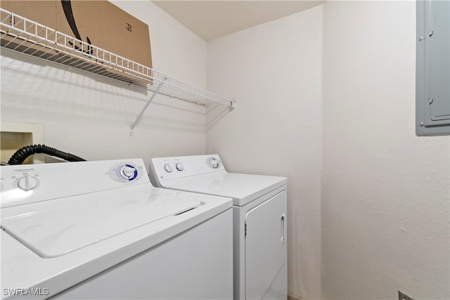 washroom with electric panel and washing machine and clothes dryer