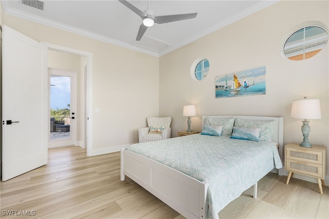 bedroom featuring ornamental molding, ceiling fan, and light hardwood / wood-style floors