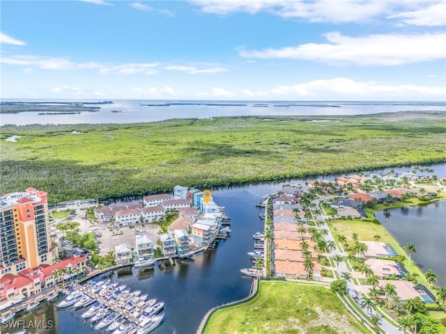 drone / aerial view featuring a water view