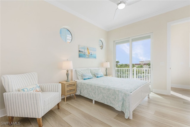 bedroom featuring ceiling fan, ornamental molding, light wood-type flooring, and access to outside