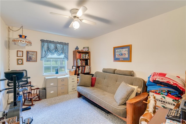 home office featuring carpet and ceiling fan