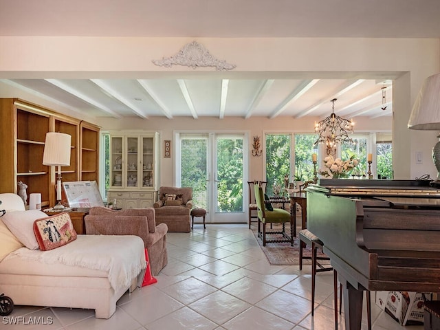 living room featuring beam ceiling, a notable chandelier, and light tile patterned flooring