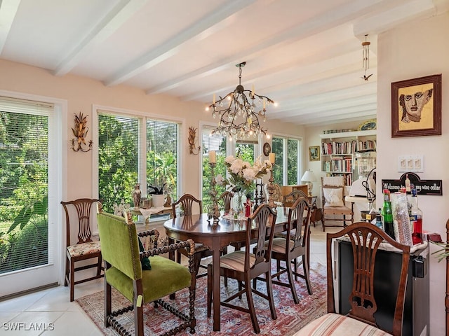 tiled dining space featuring beam ceiling and a notable chandelier