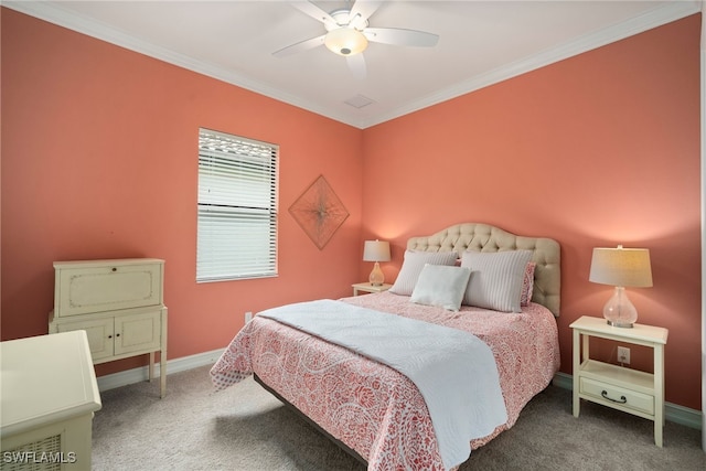 carpeted bedroom with ornamental molding and ceiling fan