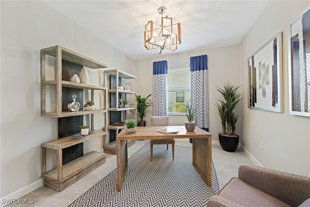 office with light tile patterned floors and a chandelier