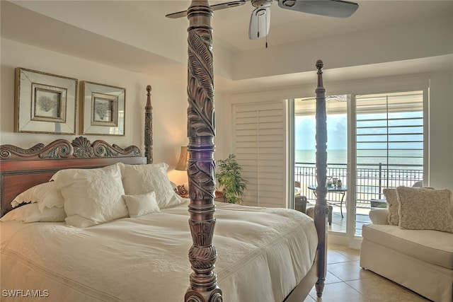 bedroom with ceiling fan, access to exterior, multiple windows, and light tile patterned floors