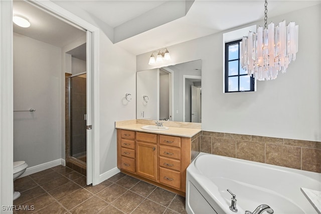 full bathroom with independent shower and bath, toilet, a chandelier, tile patterned flooring, and vanity