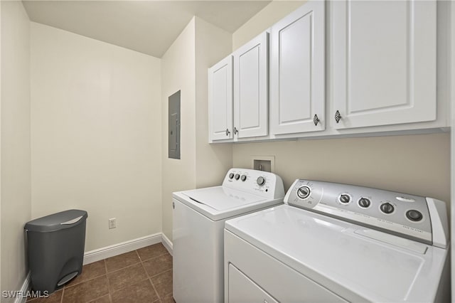 laundry room with cabinet space, washing machine and dryer, dark tile patterned flooring, electric panel, and baseboards