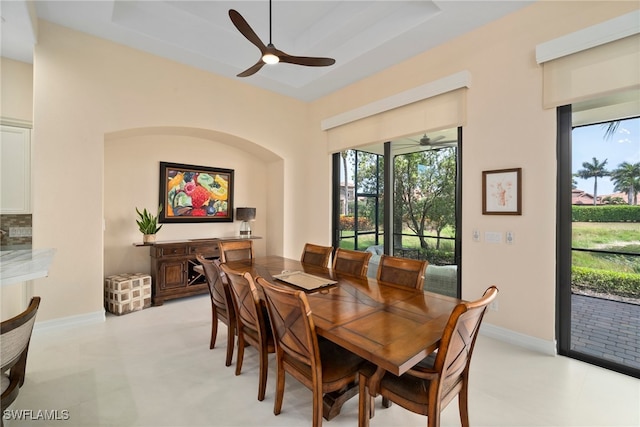 dining area with a tray ceiling and ceiling fan