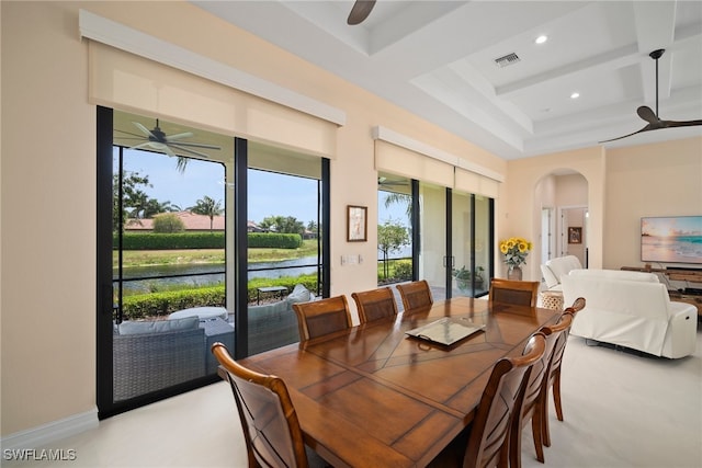 dining room with beam ceiling, ceiling fan, and coffered ceiling