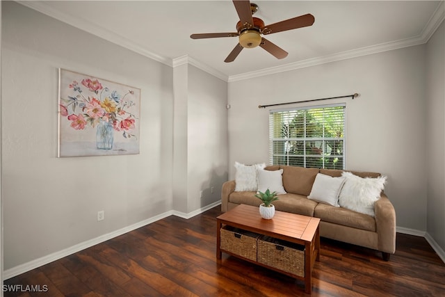 living room with crown molding, dark hardwood / wood-style floors, and ceiling fan