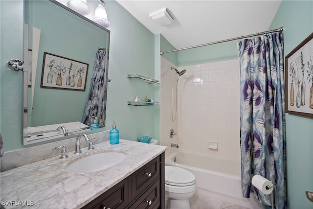 full bathroom featuring shower / tub combo with curtain, vanity, toilet, and tile patterned flooring