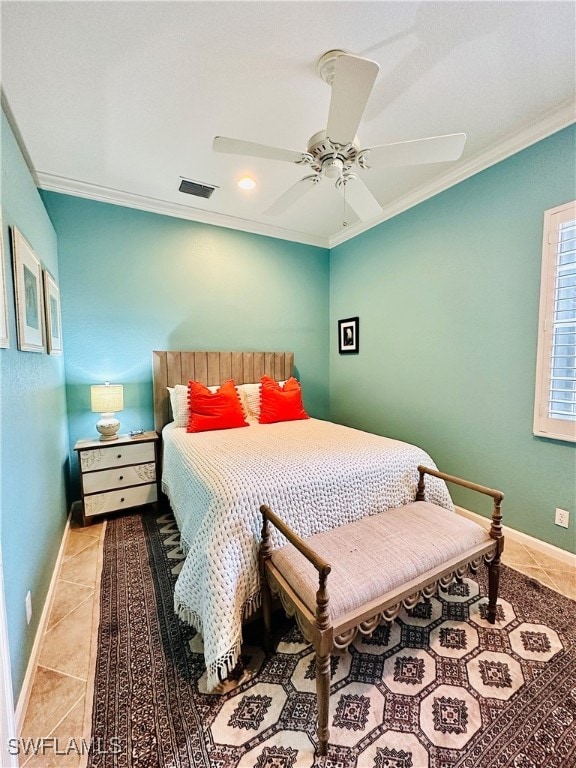 bedroom featuring crown molding, light tile patterned floors, and ceiling fan