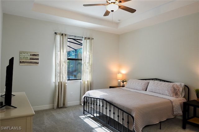 carpeted bedroom featuring a raised ceiling and ceiling fan