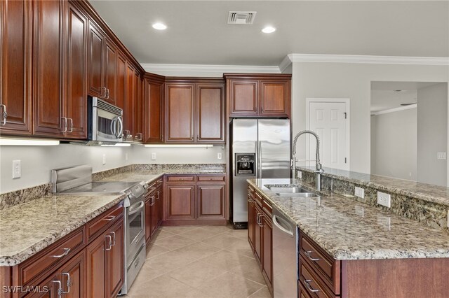 kitchen featuring sink, stainless steel appliances, ornamental molding, and light tile patterned floors