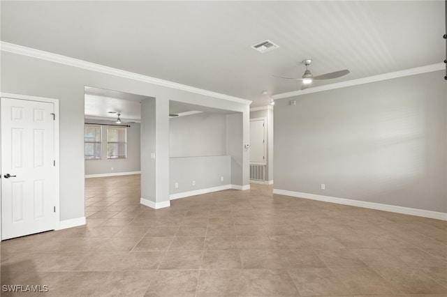 unfurnished room featuring crown molding, light tile patterned floors, and ceiling fan