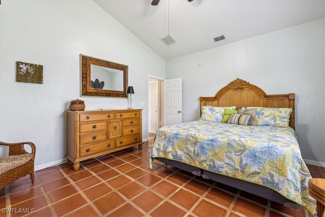 tiled bedroom featuring ceiling fan and high vaulted ceiling