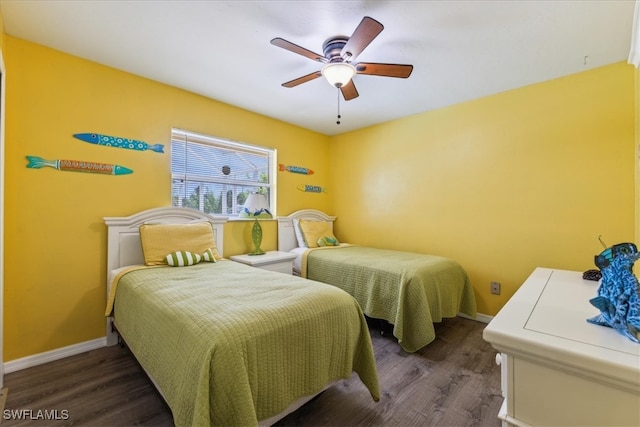 bedroom with hardwood / wood-style floors and ceiling fan