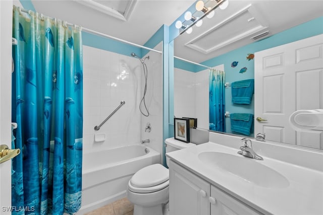 full bathroom featuring shower / tub combo, tile patterned floors, vanity, and toilet