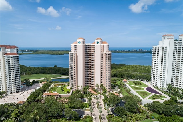 birds eye view of property featuring a water view