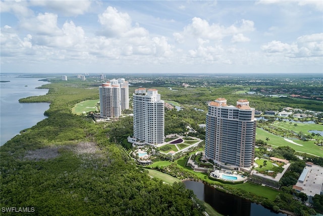 bird's eye view with a water view