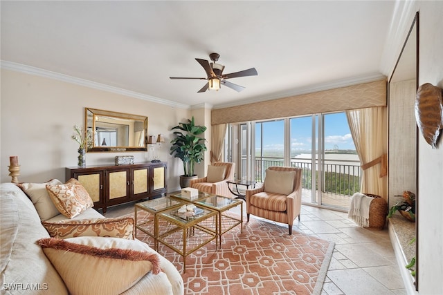 living room featuring ceiling fan and crown molding