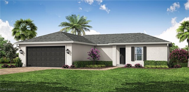 ranch-style home featuring a garage and a front yard