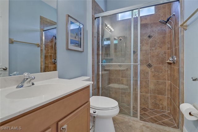 bathroom featuring tile patterned flooring, a shower with shower door, toilet, and vanity