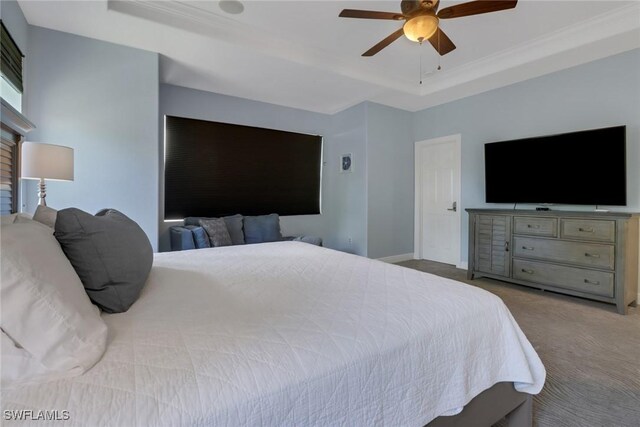 carpeted bedroom featuring a raised ceiling and ceiling fan