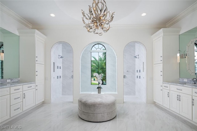 bathroom with crown molding and tiled shower