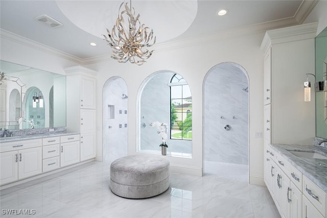 bathroom with crown molding, vanity, an inviting chandelier, and walk in shower