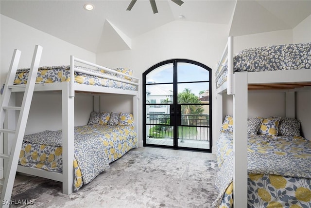 bedroom with ceiling fan and vaulted ceiling