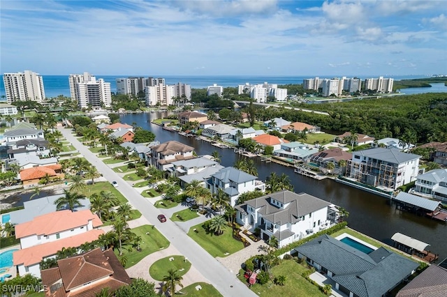 drone / aerial view featuring a water view