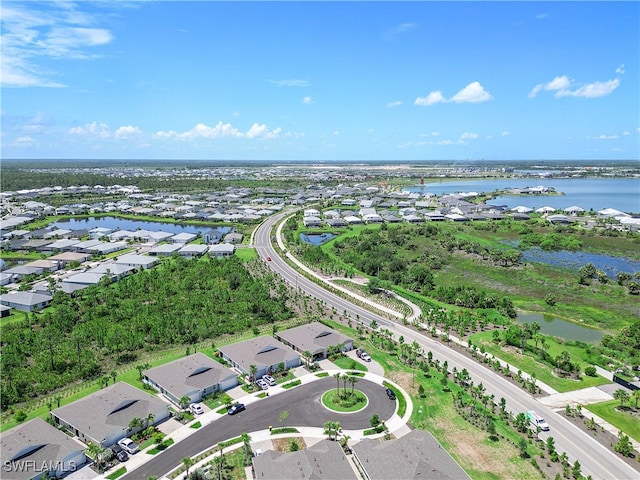 aerial view featuring a water view