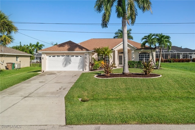 single story home with a front yard and a garage