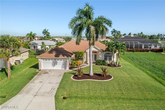 view of front facade featuring a lanai, a garage, and a front lawn