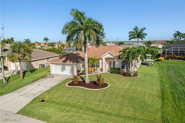 single story home with a garage, a front lawn, and a lanai