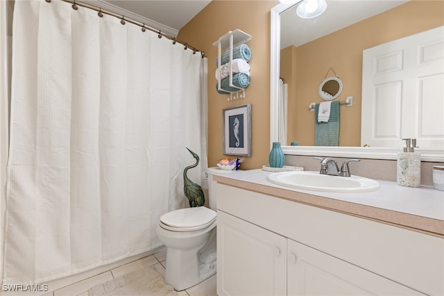 bathroom featuring vanity, tile patterned flooring, toilet, and curtained shower