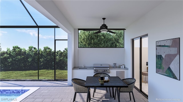 sunroom featuring ceiling fan