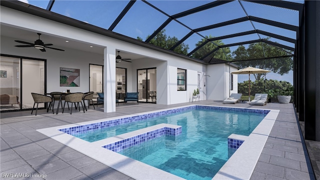 view of swimming pool featuring ceiling fan, glass enclosure, and a patio area