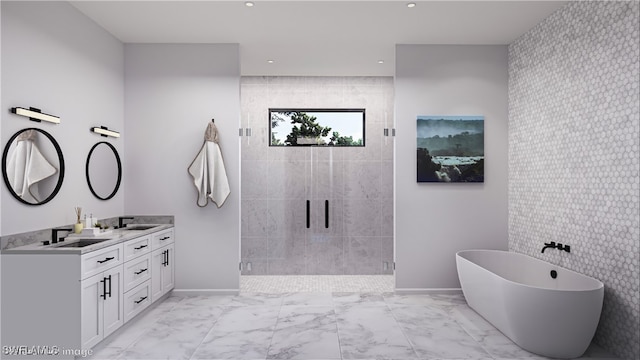 bathroom with tile patterned floors, double vanity, and separate shower and tub