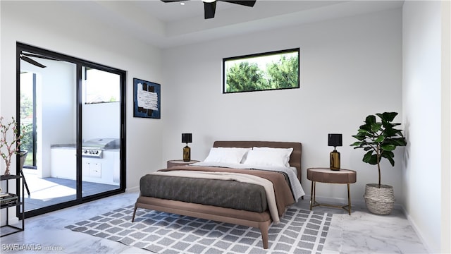 bedroom with access to exterior, tile patterned flooring, and ceiling fan