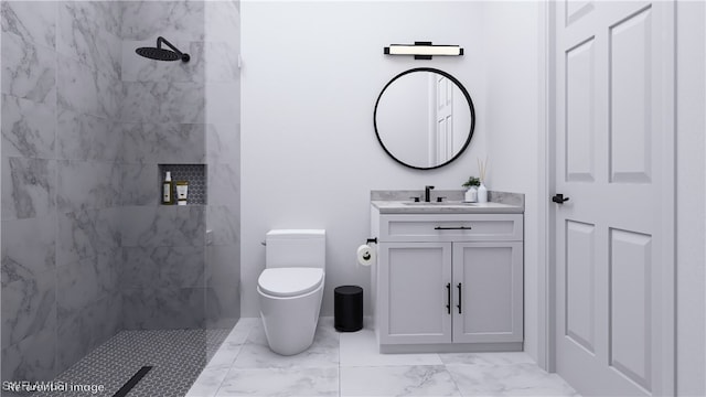 bathroom featuring tiled shower, tile patterned floors, vanity, and toilet